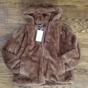 Zara plush faux fur brown jacket with hood size XS